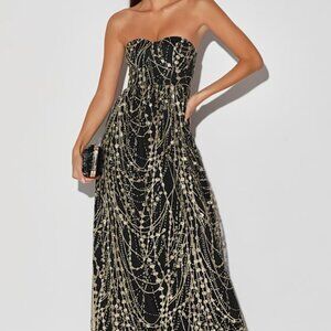 Lulus Time To Shine Black And Gold Glitter Sequin Strapless Maxi Dress - Size S